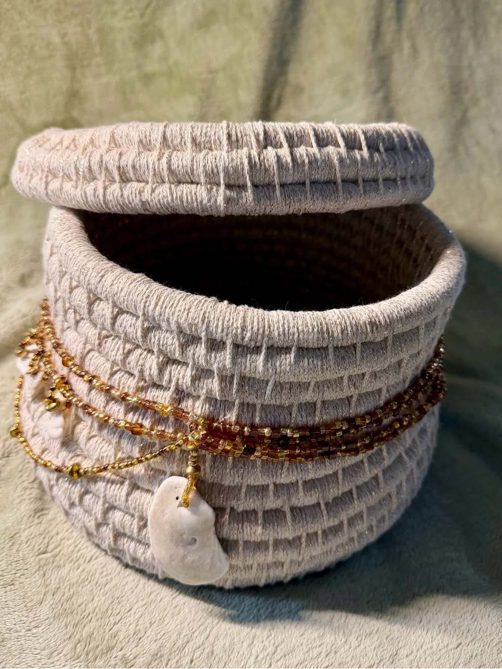 Handmade Art Coiled Basket  with Lid and embellishments of beading and shells